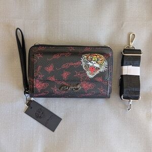 Ed Hardy Black & Pink Tiger Tattoo Print Wristlet Bag w/ Crossbody Strap NEW!